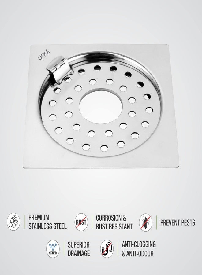 LIPKA Eon Square Flat Cut with Plain Jali Floor Drain |Premium Stainless Steel |5 x 5 Inches| with Hinge & Hole| - Image 3